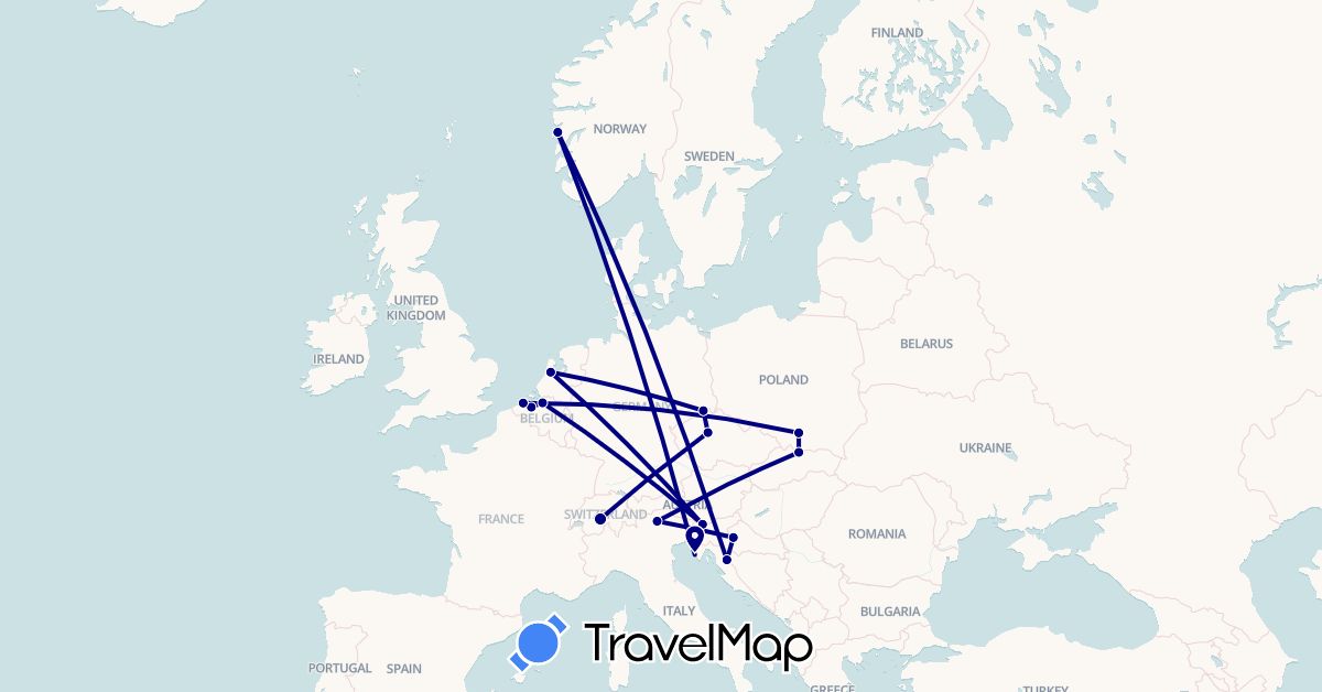 TravelMap itinerary: driving in Belgium, Switzerland, Czech Republic, Germany, Croatia, Italy, Netherlands, Norway, Poland, Slovenia (Europe)